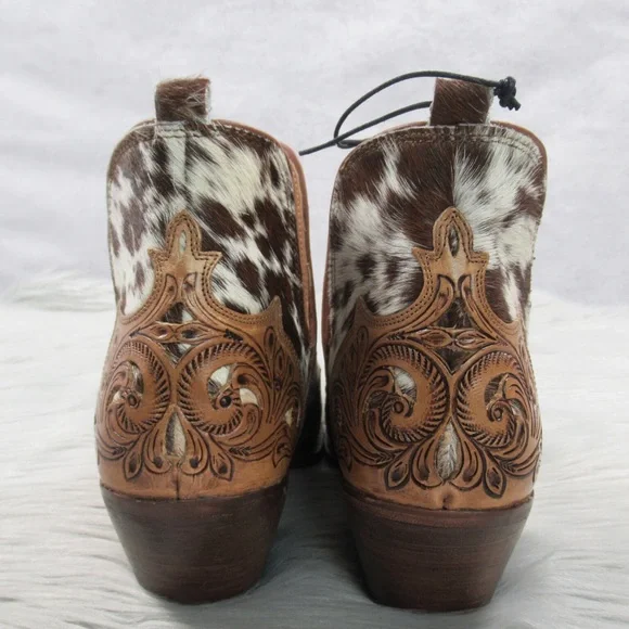 MYRA Western Boho Horse Jane Tooled Leather Hairon Calf-Hair Ankle Booties 10 - Picture 7 of 11
